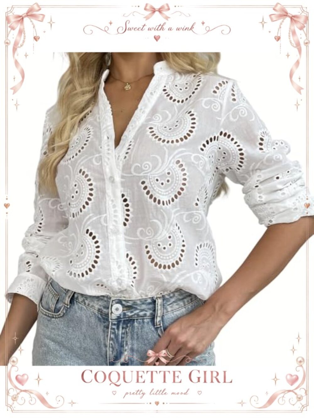 Womens Embroidered Eyelet Button Down Shirt Long Sleeve V Neck Blouse